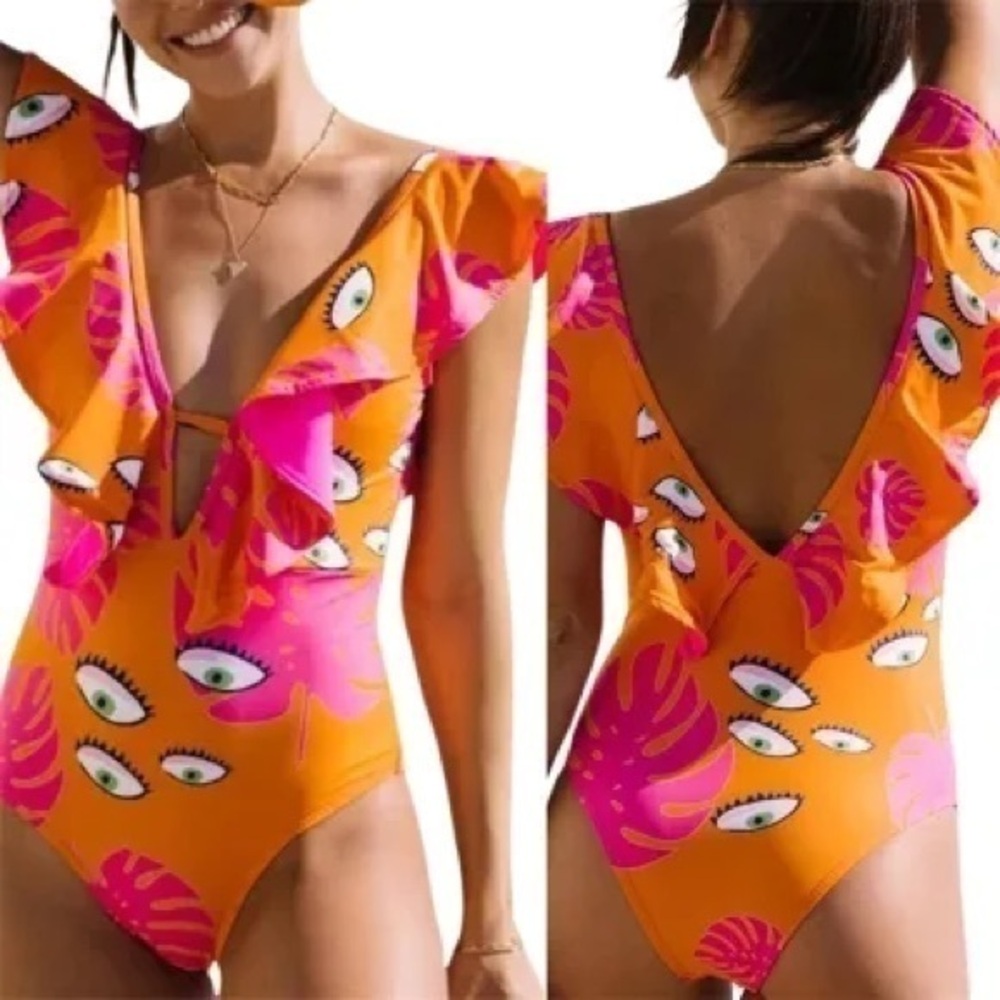 Neon Boho 1 Pc Graphic Print Eyes Leaves V-Neck Plunge Ruffle Shoulder Swimsuit